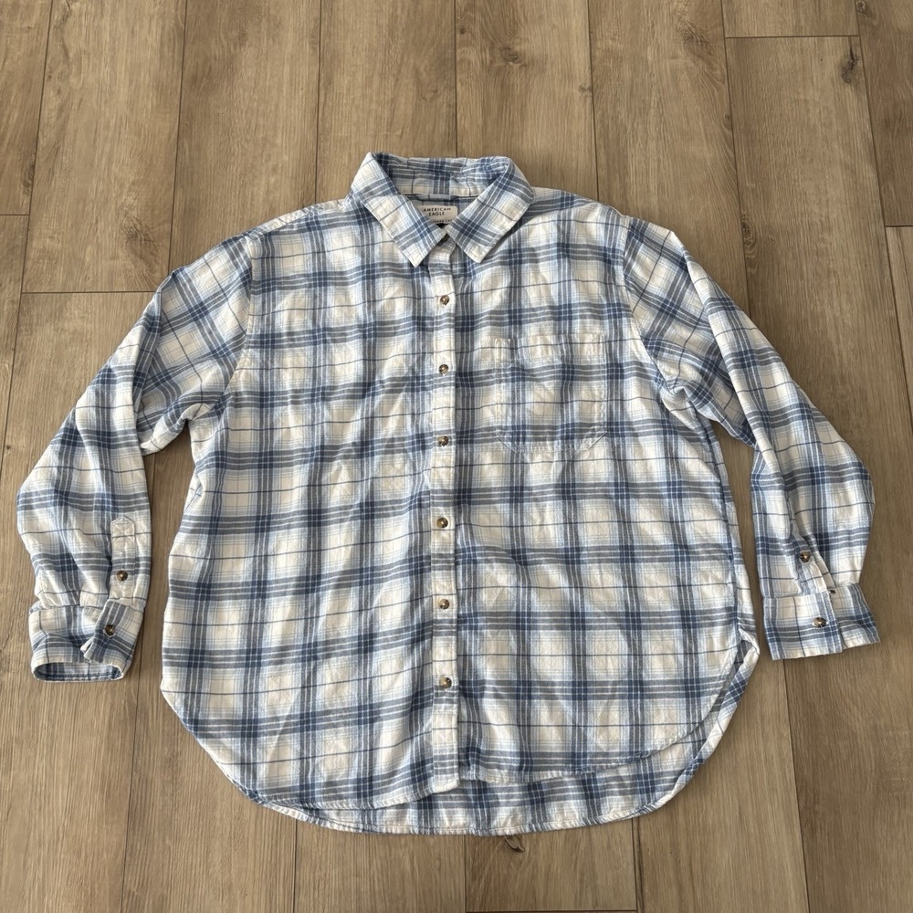 American Eagle Shirt Mens XL Blue White Plaid Flannel Super Soft Button Down
